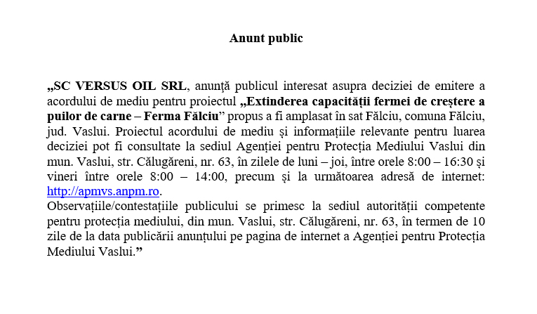 ANUNȚ DECIZIE EMITERE ACORD DE MEDIU VERSUS OIL