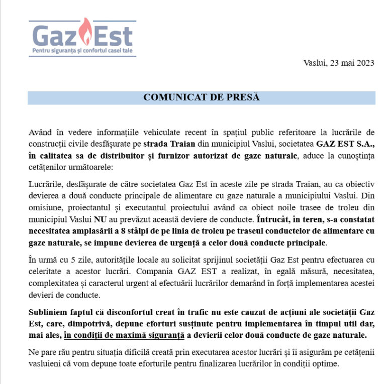 COMUNICAT DE PRESĂ GAZ EST SA