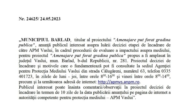 Anunț decizie APM ”Puț forat în Grădina Publică Bârlad”, Municipiul Bârlad