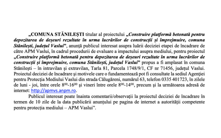 ANUNȚ ÎNCADRARE COMUNA STĂNILEȘTI