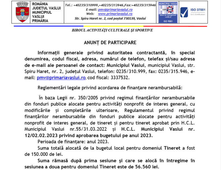 ANUNȚ DE PARTICIPARE