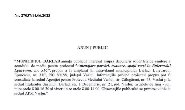 Anunț Primăria mun. Bârlad – Amenajare parcare, trotuare, spații verzi – Bulevardul Epureanu, nr. 31C