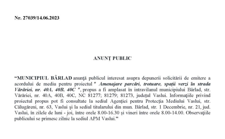 Anunț Primăria mun. Bârlad – Amenajare parcare, trotuare, spații verzi – strada Vărăriei, nr. 40A, 40B, 40C