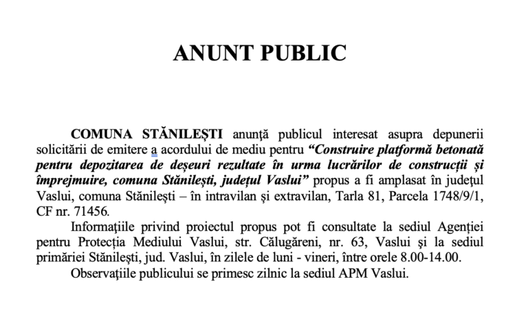 ANUNȚ PUBLIC PRIMĂRIA STĂNILEȘTI