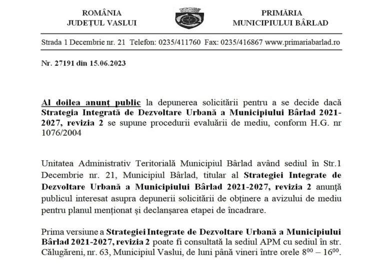 Anunț Primăria Mun. Bârlad – al doilea anunț public SIDU