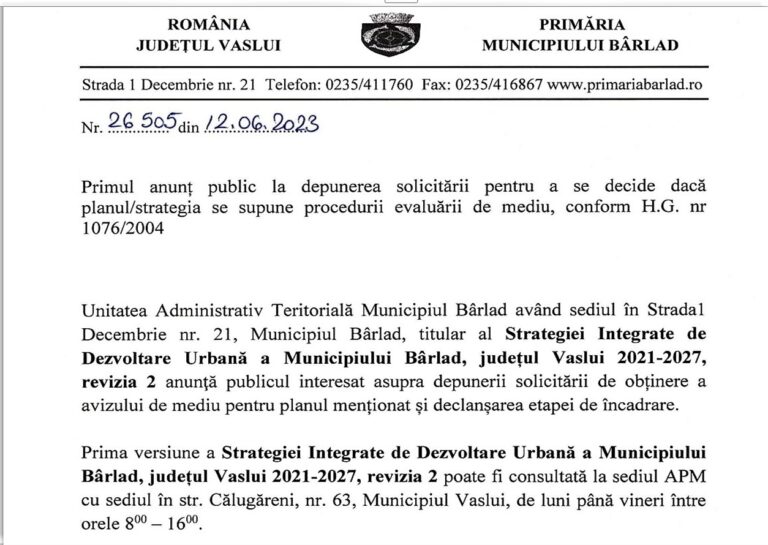 Anunt mediu Primăria Municipiului Bârlad Strategie Integrată