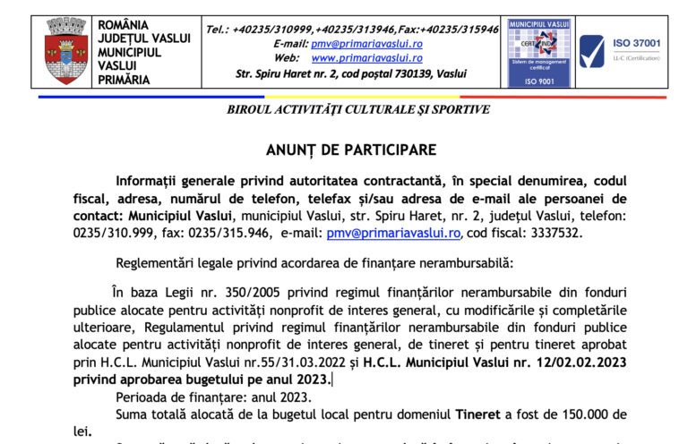 ANUNȚ DE PARTICIPARE TINERET SES. A 3-A