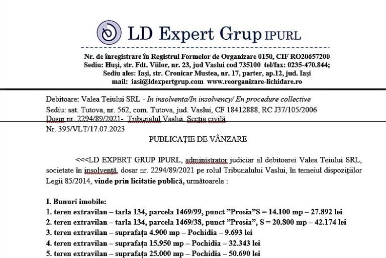 Anunț vânzare bunuri Valea Teuiului SRL, LD Expert Grup IPURL