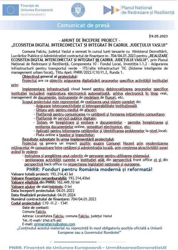 ANUNȚ DE ÎNCEPERE PROIECT PRIMĂRIA FĂLCIU- ”ECOSISTEM DIGITAL INTERCONECTAT ȘI INTEGTRAT ÎN CADRUL JUDEȚULUI VASLUI”