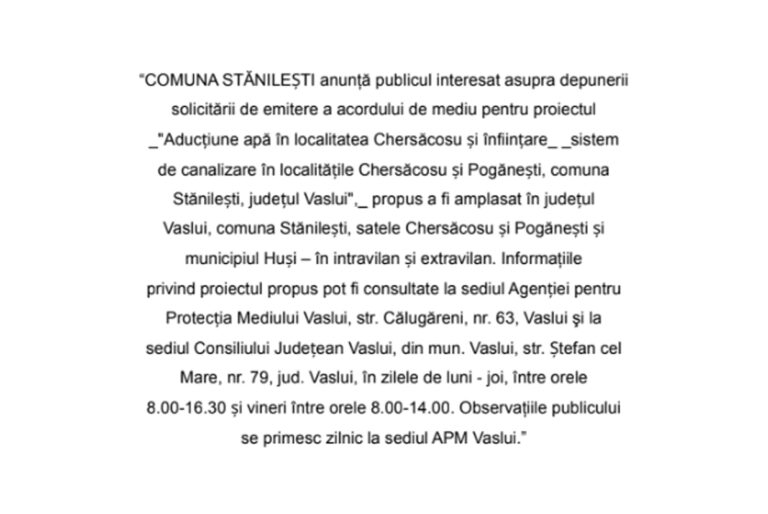 ANUNȚ DE MEDIU – PRIMĂRIA COMUNEI STĂNILEȘTI