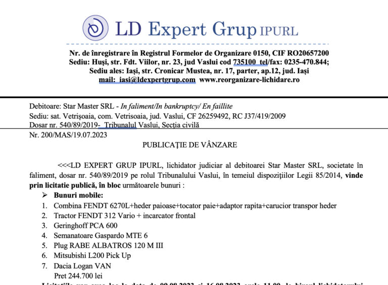 Anunț vânzare bunuri mobile Star Master SRL, LD Expert Grup IPURL