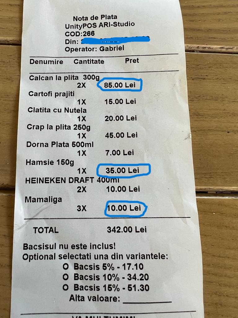 Notă de plată fabuloasă, la o cherhana din Deltă. ”Le sare peștele din apă și ei te jecmănesc” 1 nota de plata delta dunarii 1
