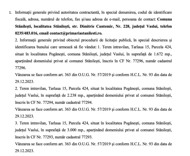 Anunț vânzare loturi teren – Primăria Stănilești