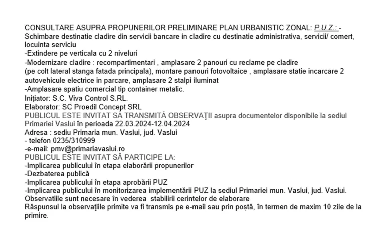 ANUNȚ CONSULTARE ASUPRA PROPUNERILOR PRELIMINARE PLAN URBANISTIC ZONAL