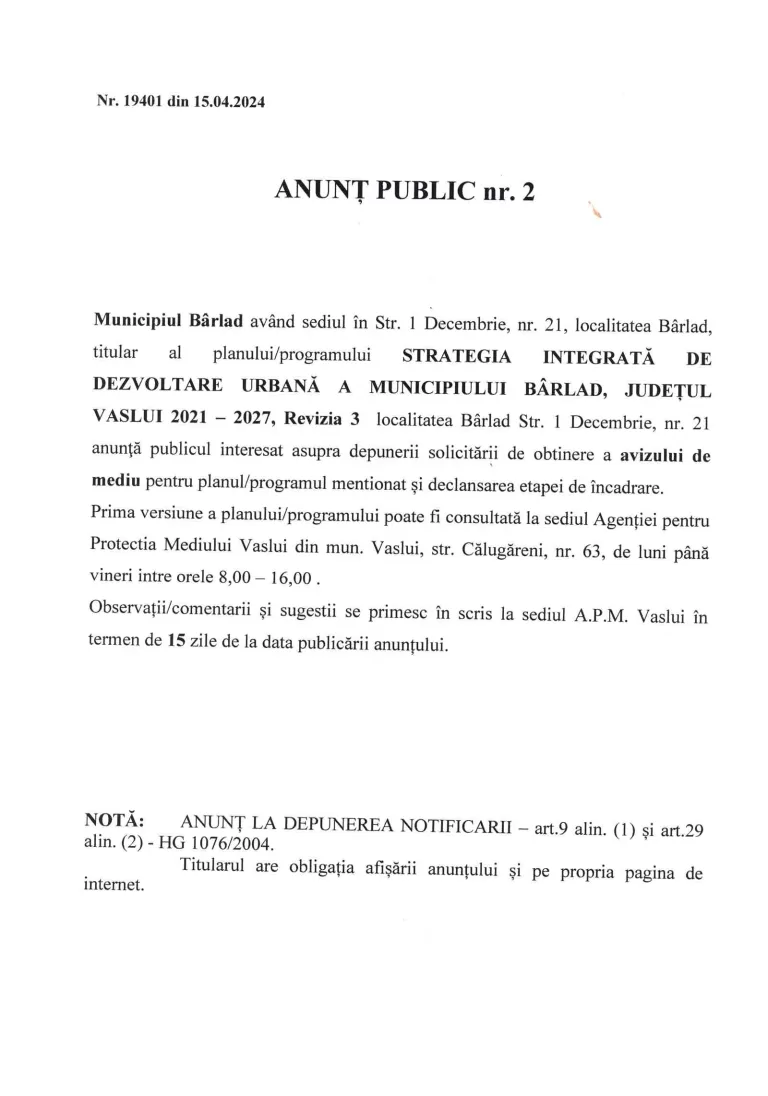 ANUNȚ PUBLIC – STRATEGIA INTEGRATĂ DE DEZVOLTARE URBANĂ A MUNICIPIULUI BÂRLAD