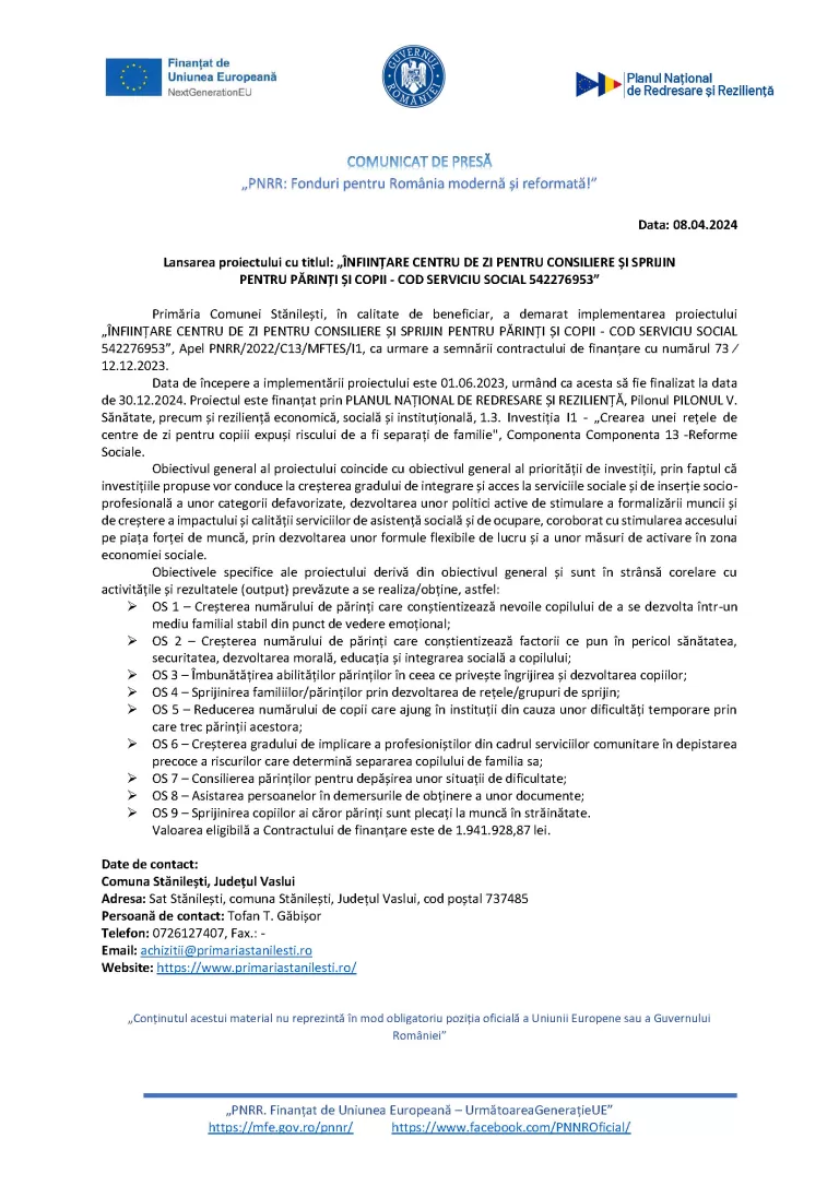 Comunicat de presa începere proiect Stănilești centru de zi 08.04.2024