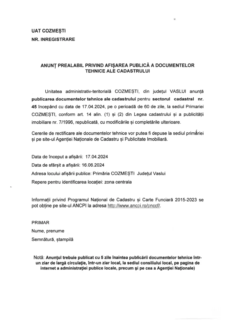 ANUNȚ PREALABIL PRIVIND AFIȘAREA PUBLICĂ A DOCUMENTELOR TEHNICE ALE CADASTRULUI