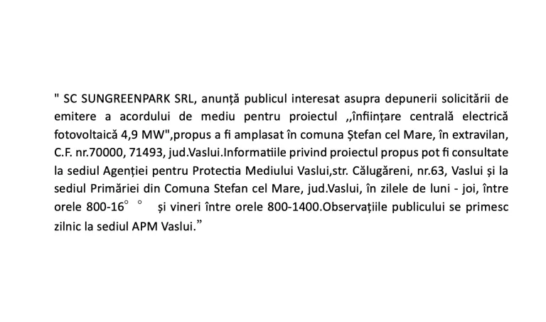 ANUNȚ PUBLIC SC SUNGREENPARK SRL