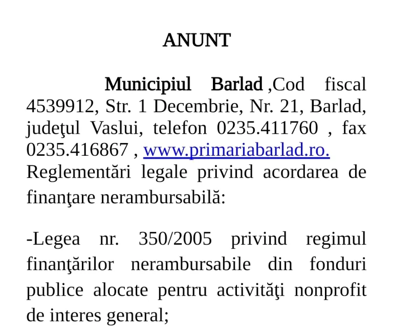 Anunț depunere proiecte cu finanțare nerambursabilă Primăria Municipiului Bârlad