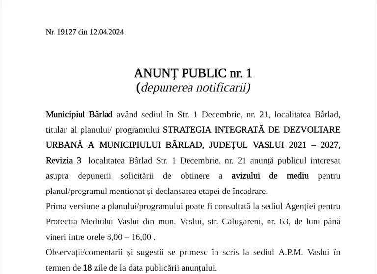 Anunț aviz mediu Strategia Integrată de Dezvoltare a Mun. Bârlad