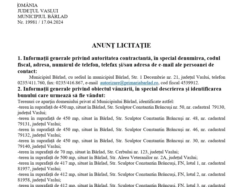 ANUNȚ Primăria Bârlad – Licitație terenuri domeniul privat al Municipiului Bârlad