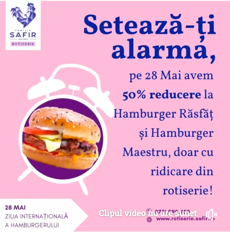 De Ziua Hamburgerului, pe 28 mai, Rotiseria Familia Safir oferă o reducere de 50% la hamburgerii de pui