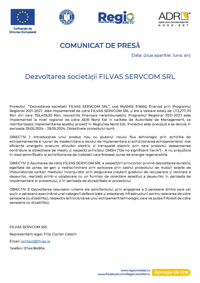 COMUNICAT DE PRESĂ – Dezvoltarea societății FILVAS SERVCOM SRL