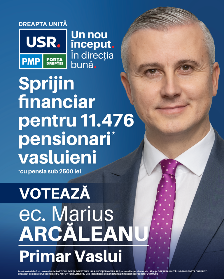 Marius Arcăleanu: „Un dar din inimă și din suflet pentru Seniorii vasluieni: tichete valorice de Paște (500 lei), Crăciun (500 lei) și pentru medicamente (1.000 lei)”