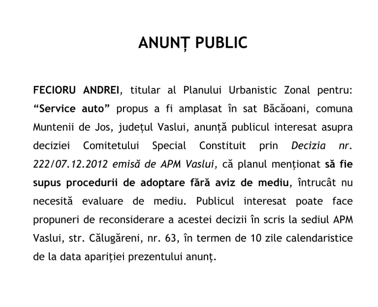 ANUNȚ PUBLIC