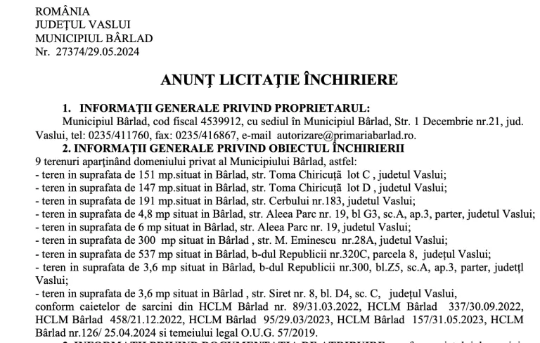 ANUNȚ LICITAȚIE ÎNCHIRIERE