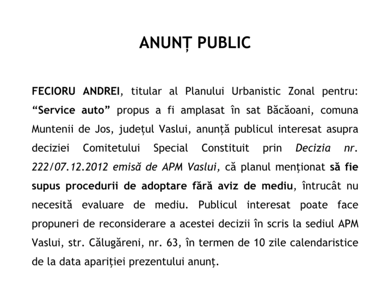 ANUNȚ PUBLIC