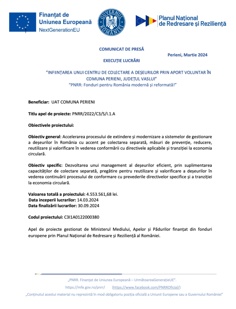Comunicat presa anunț incepere proiect CAV Perieni