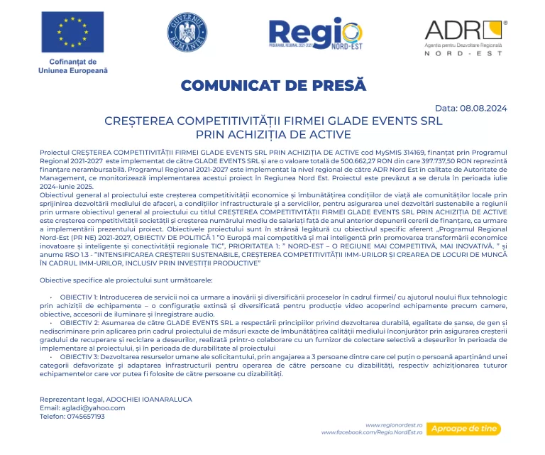COMUNICAT DE PRESĂ GLADE EVENTS SRL