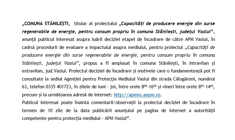 ANUNȚ ÎNCADRARE – PARC FOTOVOLTAIC