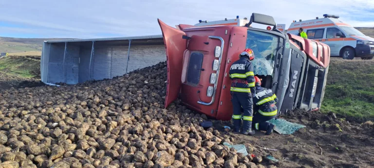 TIR încărcat cu sfeclă, răsturnat pe DE 581, la Crasna