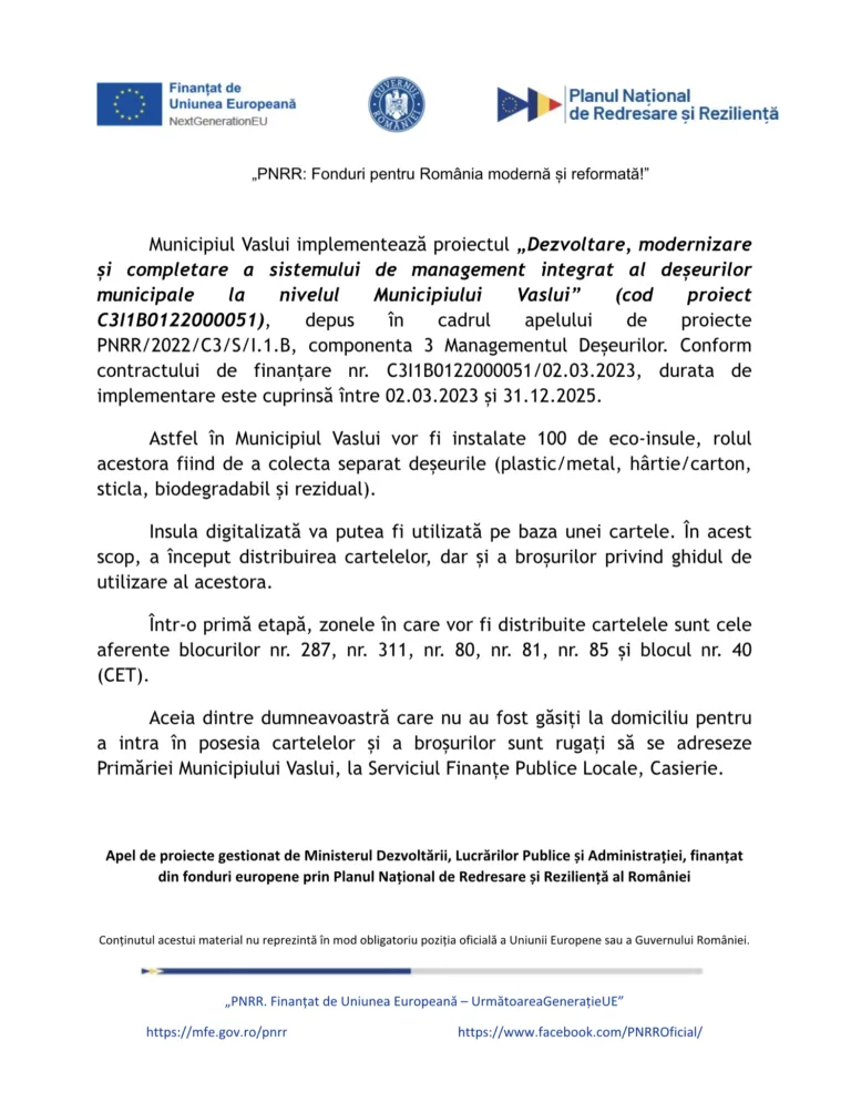 Anunț Primăria Municipiului Vaslui, Proiect „PNRR: Fonduri pentru România modernă și reformată!”