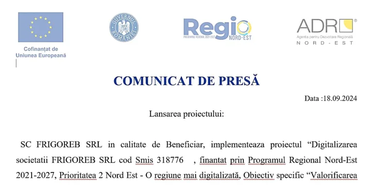 COMUNICAT DE PRESĂ Frigoreb SRL Vaslui