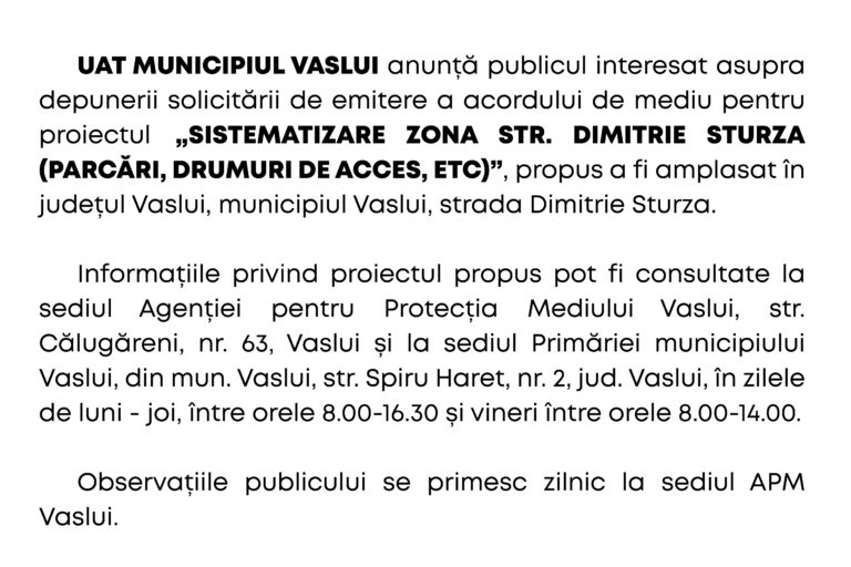 ANUNȚ APM – SISTEMATIZARE ZONA STR. DIMITRIE STURZA