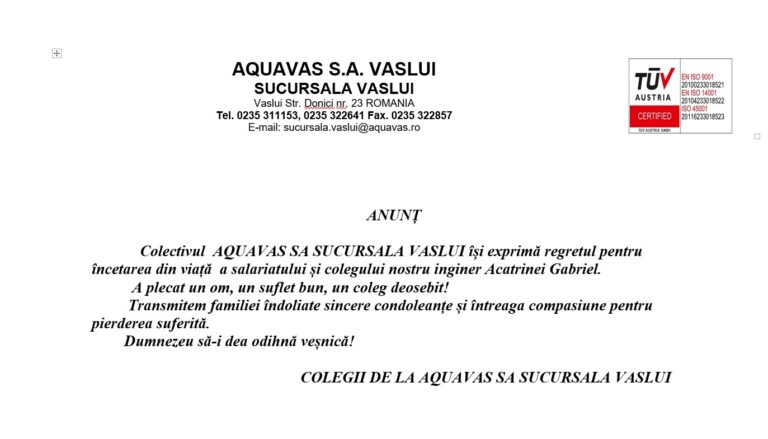 Mesaj de condoleanțe din partea Sucursalei Vaslui, Aquavas SA! A murit ing. Gabriel Acatrinei