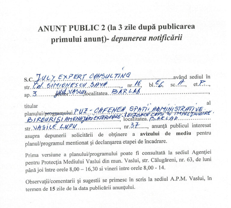 Anunț Public 2, July Expert Consulting, PUZ Cafenea Spații Administrative, Str. Vasile Lupu, Nr. 37