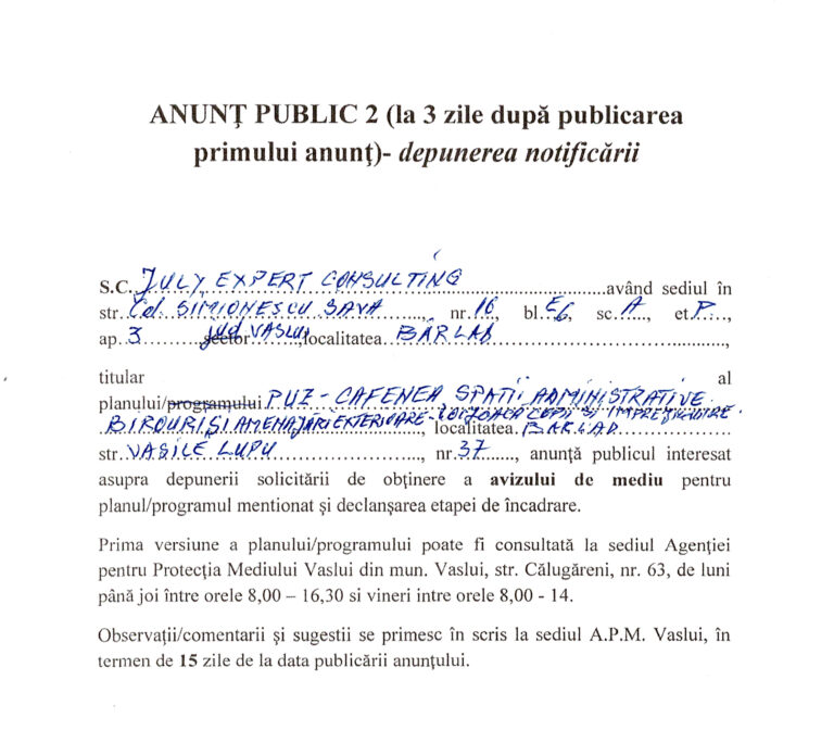 Anunț Public 2, July Expert Consulting, PUZ Cafenea Spații Administrative, Str. Vasile Lupu, Nr. 37
