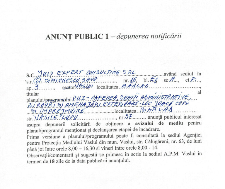 Anunț Public 1, July Expert Consulting, PUZ Cafenea Spații Administrative, Str. Vasile Lupu, Nr. 37
