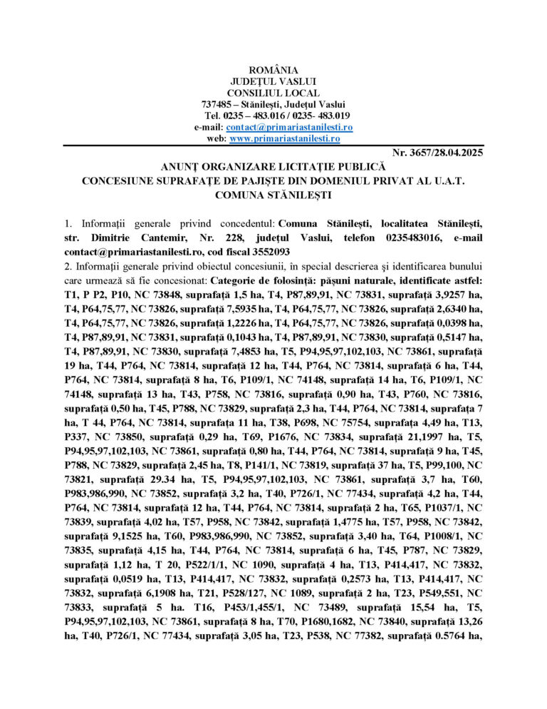 ANUNȚ ORGANIZARE LICITAȚIE PUBLICĂ CONCESIUNE SUPRAFAȚE DE PAJIȘTE DIN DOMENIUL PRIVAT AL U.A.T. COMUNA STĂNILEȘTI