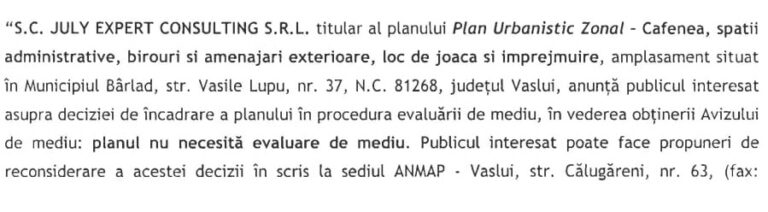 ANUNȚ DE MEDIU SC JULY EXPERT CONSULTING SRL