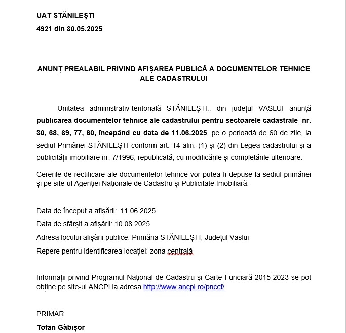 anunt 30 mai primaria stanilesti