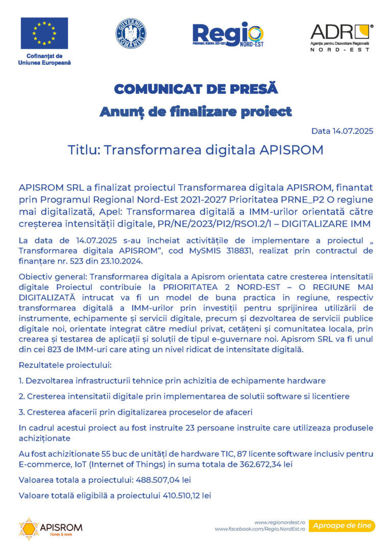 COMUNICAT DE PRESĂ – Anunț de finalizare proiect – Transformarea digitala APISROM