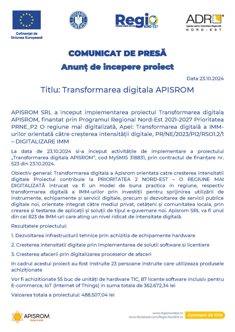 COMUNICAT DE PRESĂ – Anunț de incepere proiect – Transformarea digitala APISROM