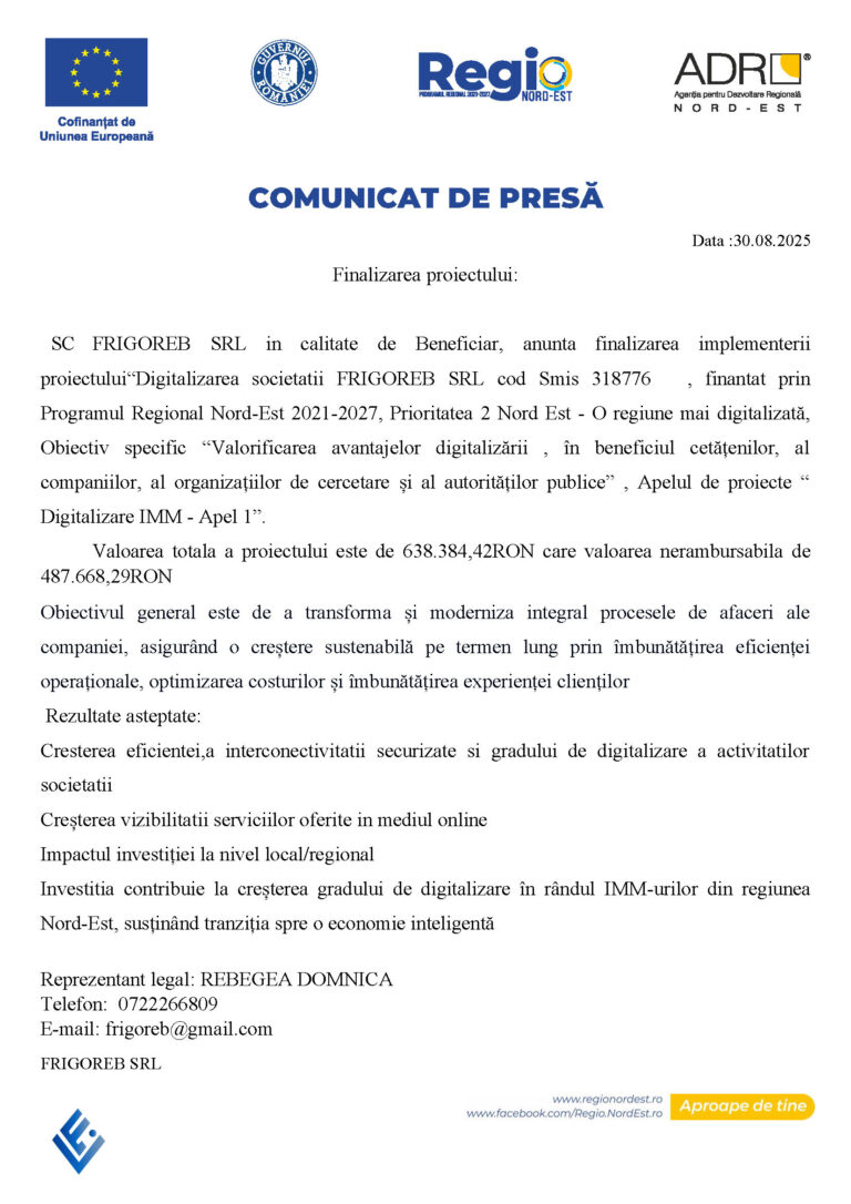 COMUNICAT DE PRESĂ: Finalizarea proiectului „Digitalizarea societatii FRIGOREB SRL”