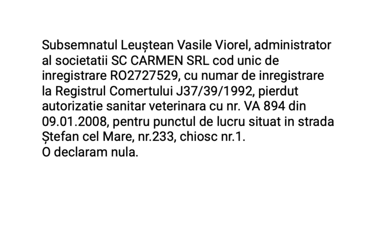 ANUNȚ PIERDERE AUTORIZAȚIE SANITARĂ VETERINARĂ
