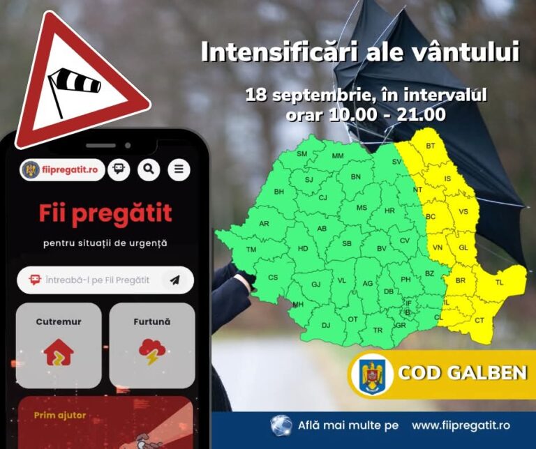 Avertizare ISU Vaslui: Cod Galben de vânt până joi seara, la ora 21.00